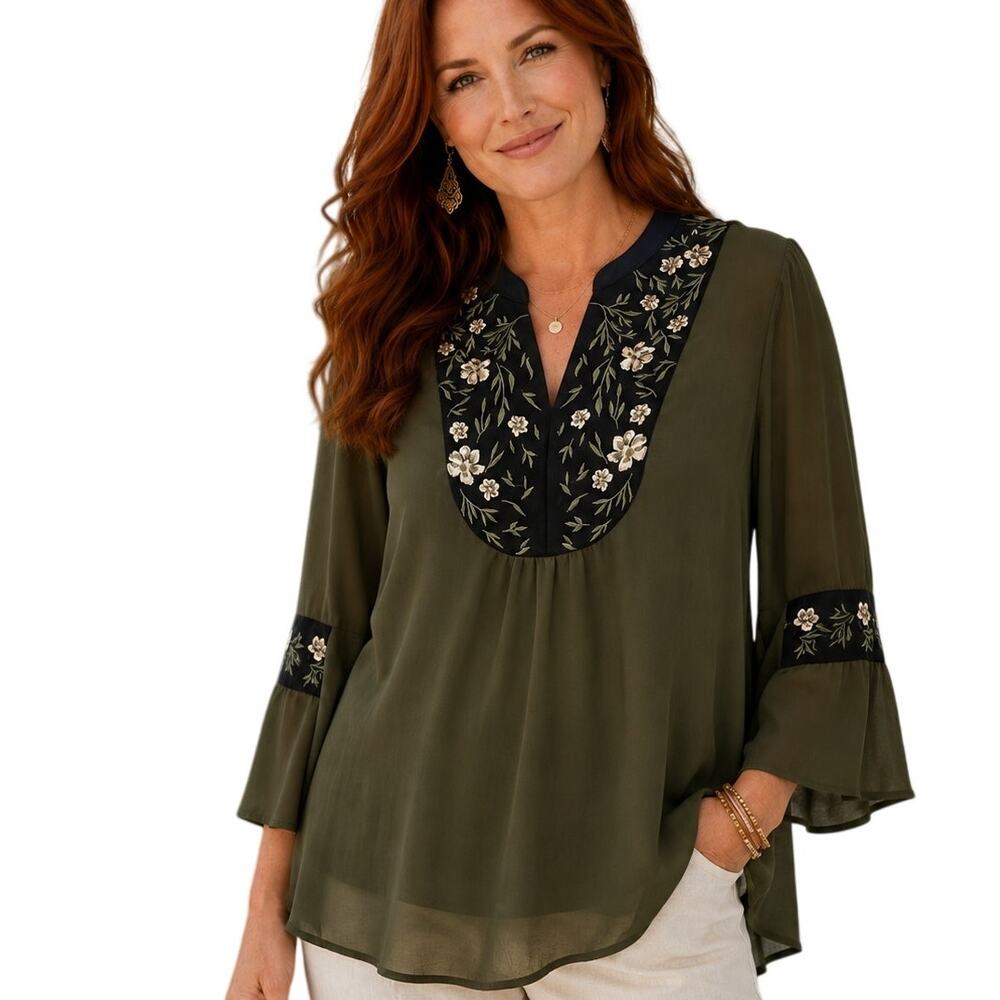 Style & Co Embroidered Top Womens Medium Olive Black Floral BIb Bell Sleeve Top